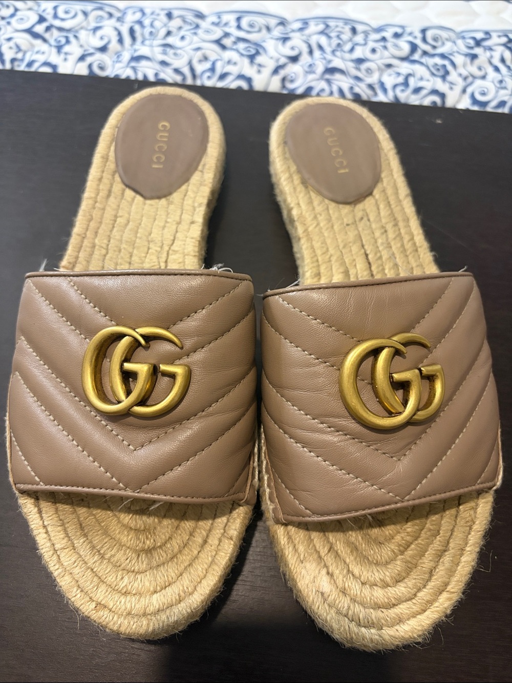 Gucci Taupe Leather GG Espadrille Slide Mules with Gold Hardware